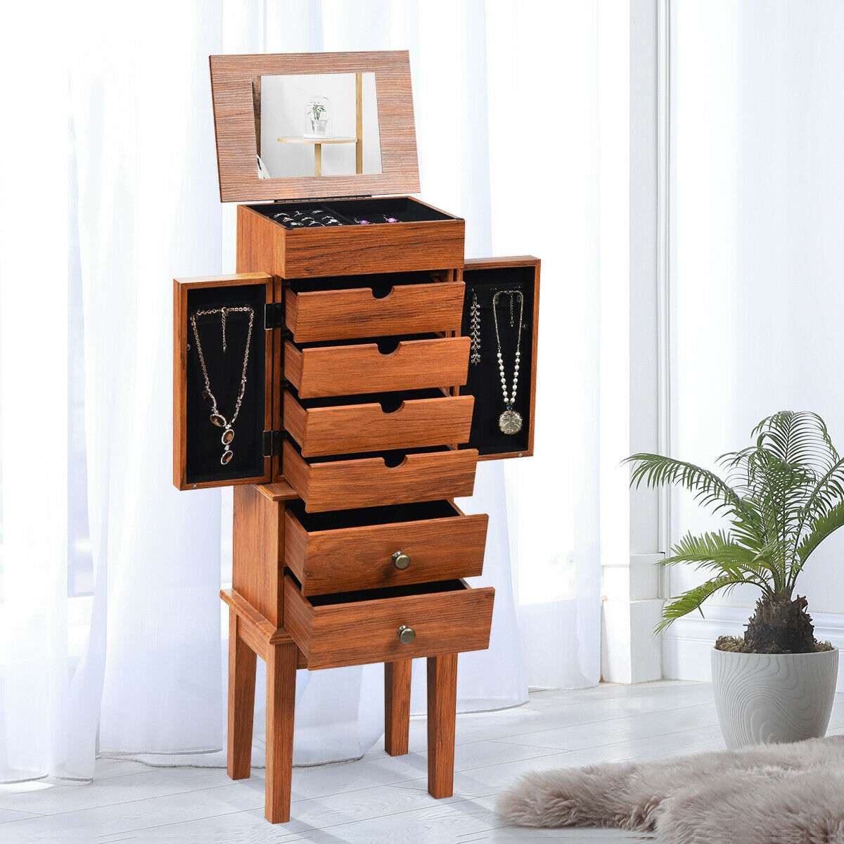 Vintage Jewelry Armoire Cabinet Chest Big Storage Box Organizer w/Drawers&Mirror